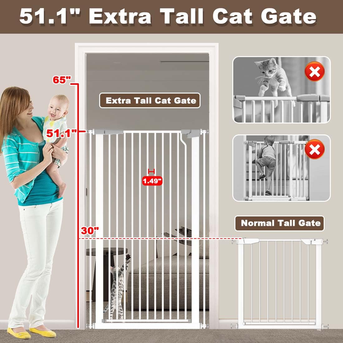 51.18" Extra Tall Cat Gate for Doorway, Adjustable 29.5"-32.6" Wide Pressure Mounted Dog Gate Indoor for Stairs, Child Safety Gate Metal Auto Close Baby Gate for Pet Kid Walk Through, White