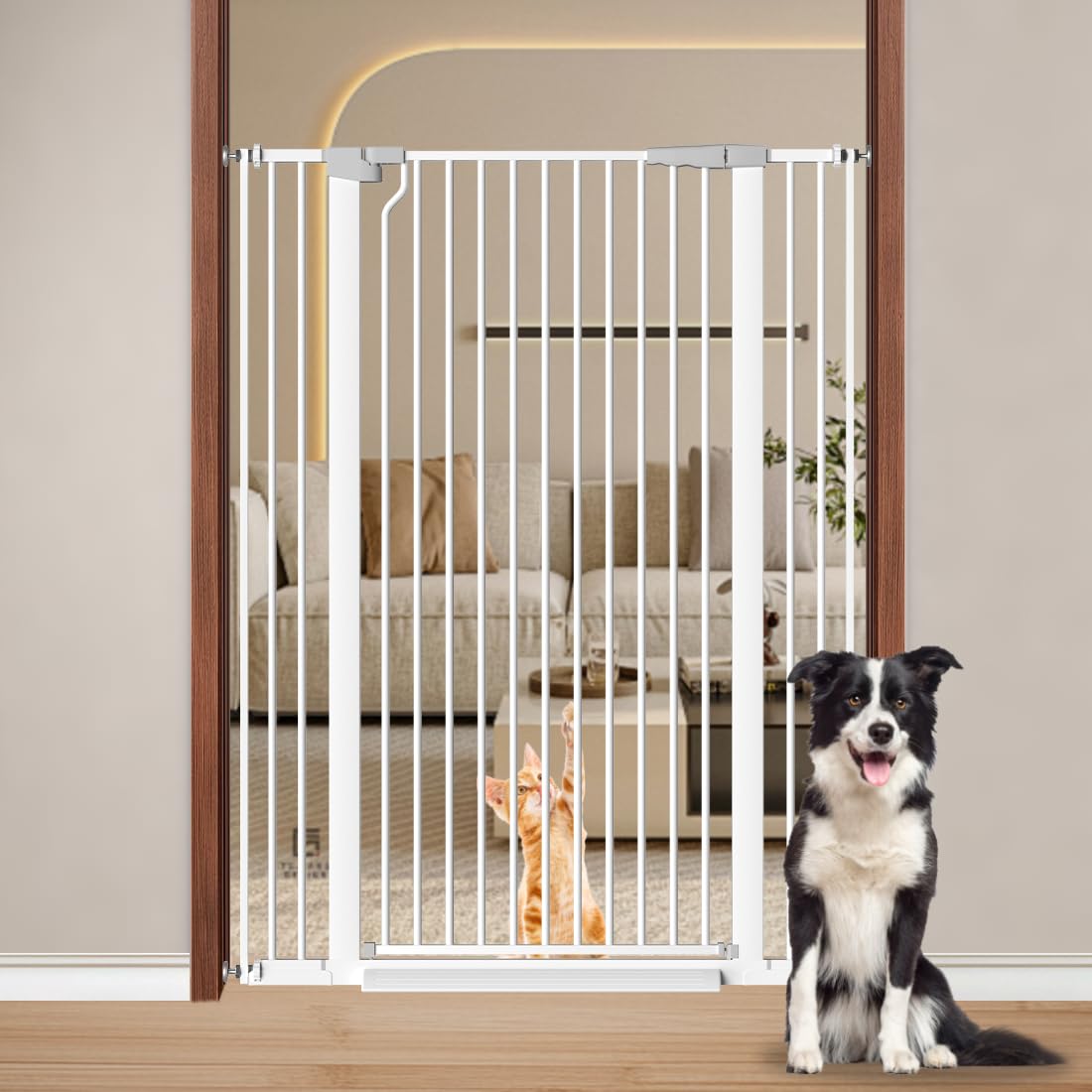 51.18" Extra Tall Cat Gate for Doorway, Adjustable 29.5"-32.6" Wide Pressure Mounted Dog Gate Indoor for Stairs, Child Safety Gate Metal Auto Close Baby Gate for Pet Kid Walk Through, White