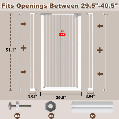 51.18" Extra Tall Cat Gate for Doorway, Adjustable 29.5"-32.6" Wide Pressure Mounted Dog Gate Indoor for Stairs, Child Safety Gate Metal Auto Close Baby Gate for Pet Kid Walk Through, White