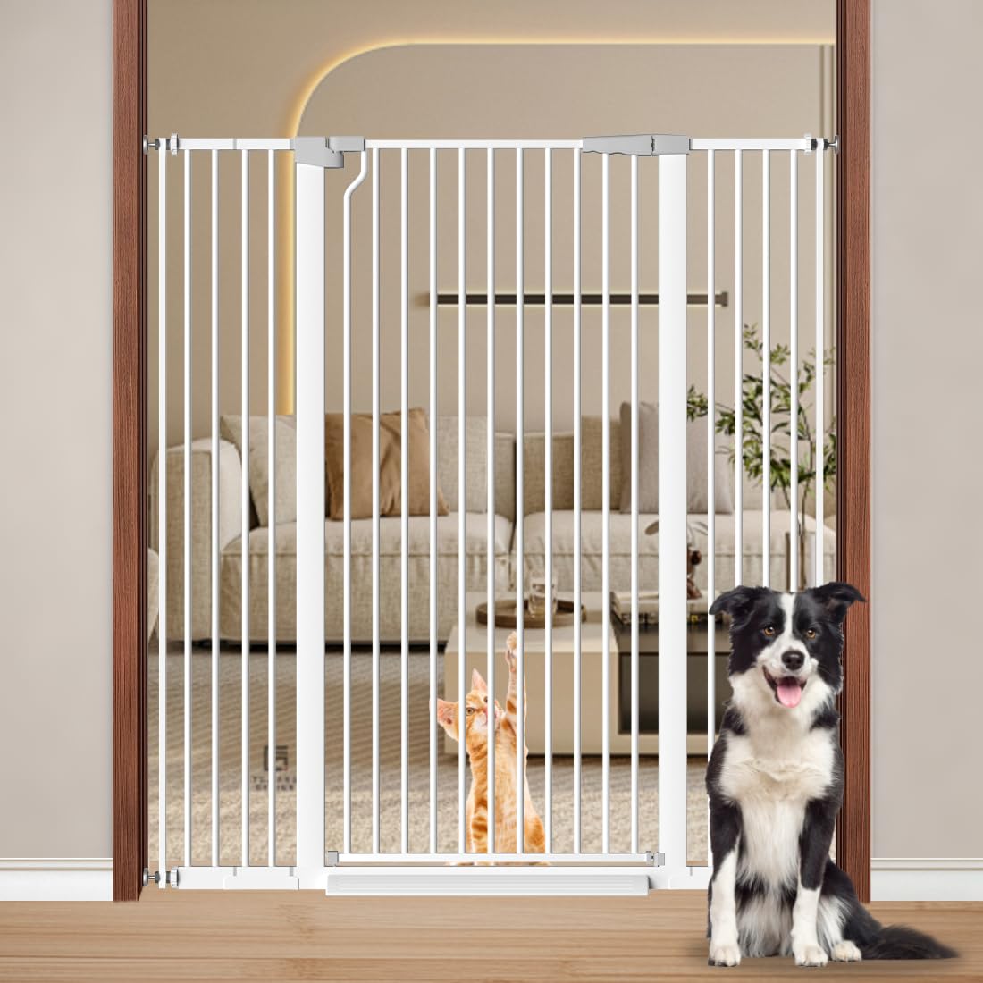 51.18" Extra Tall Cat Gate for Doorway, Adjustable 29.5"-32.6" Wide Pressure Mounted Dog Gate Indoor for Stairs, Child Safety Gate Metal Auto Close Baby Gate for Pet Kid Walk Through, White