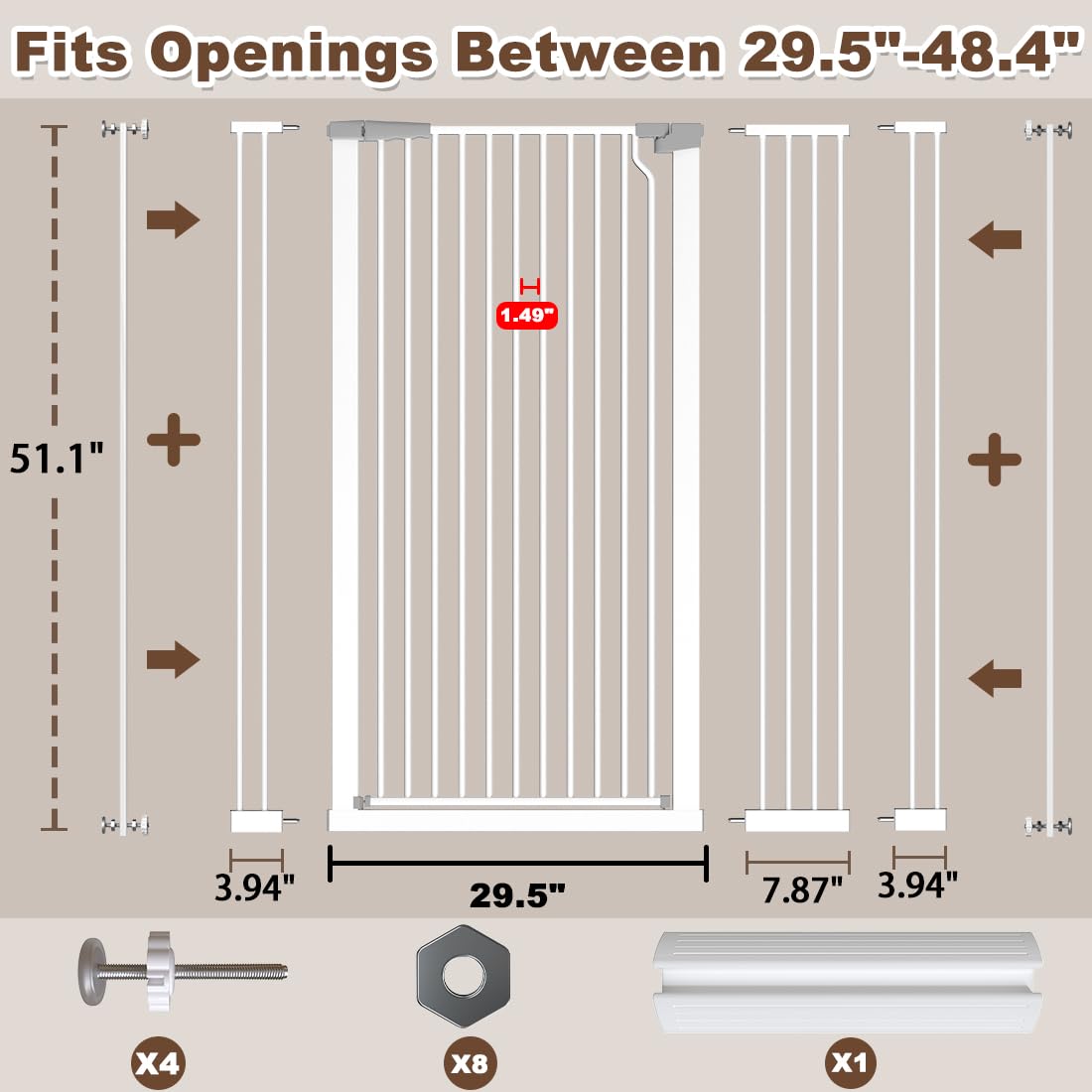 51.18" Extra Tall Cat Gate for Doorway, Adjustable 29.5"-32.6" Wide Pressure Mounted Dog Gate Indoor for Stairs, Child Safety Gate Metal Auto Close Baby Gate for Pet Kid Walk Through, White