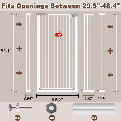 51.18" Extra Tall Cat Gate for Doorway, Adjustable 29.5"-32.6" Wide Pressure Mounted Dog Gate Indoor for Stairs, Child Safety Gate Metal Auto Close Baby Gate for Pet Kid Walk Through, White