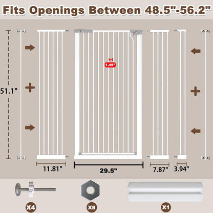51.18" Extra Tall Cat Gate for Doorway, Adjustable 29.5"-32.6" Wide Pressure Mounted Dog Gate Indoor for Stairs, Child Safety Gate Metal Auto Close Baby Gate for Pet Kid Walk Through, White