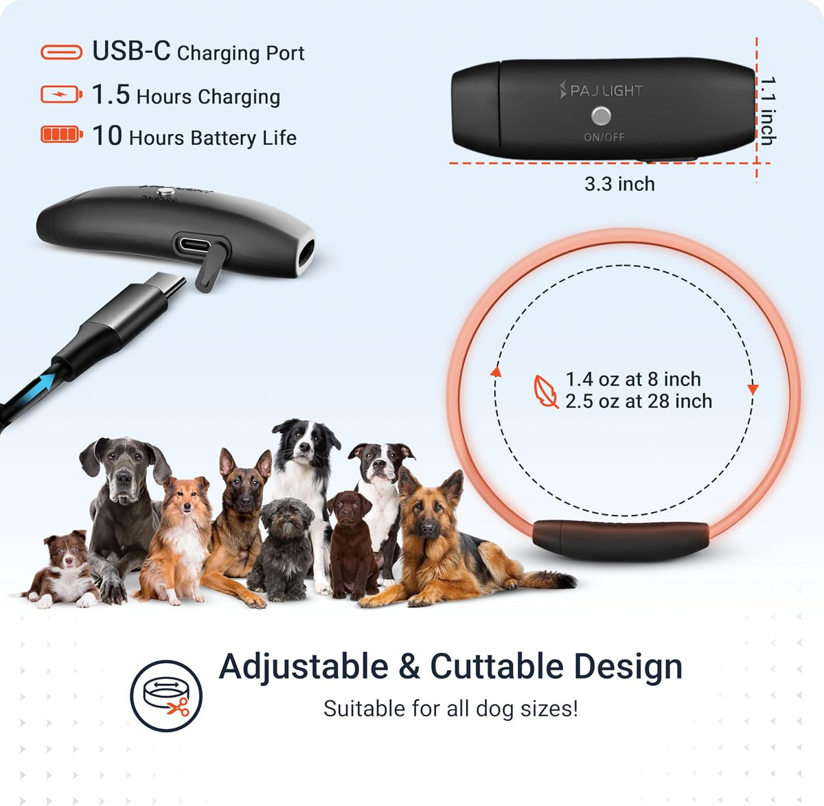 PAJ Light LED Dog Collar for Medium & Large Dogs