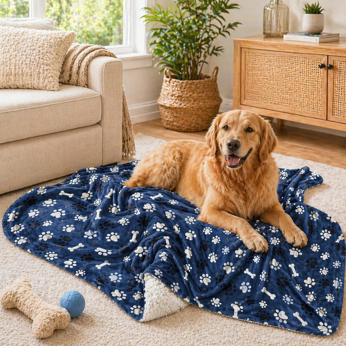 Waterproof Dog Blanket, Pattern Printing Super Soft Warm Fluffy Facecloth Sofa Car Bed Protector, Urine Proof Washable Outdoor Pet Blanket for Puppy Large Dogs & Cats(paw & Bone40*30)