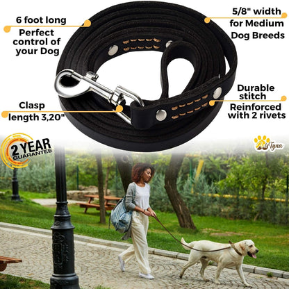 Leather Dog Leash for Small & Medium Dogs, 6ft x 1/2"