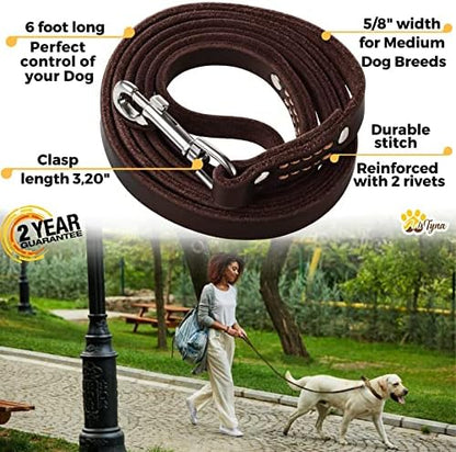 Leather Dog Leash for Small & Medium Dogs, 6ft x 1/2"