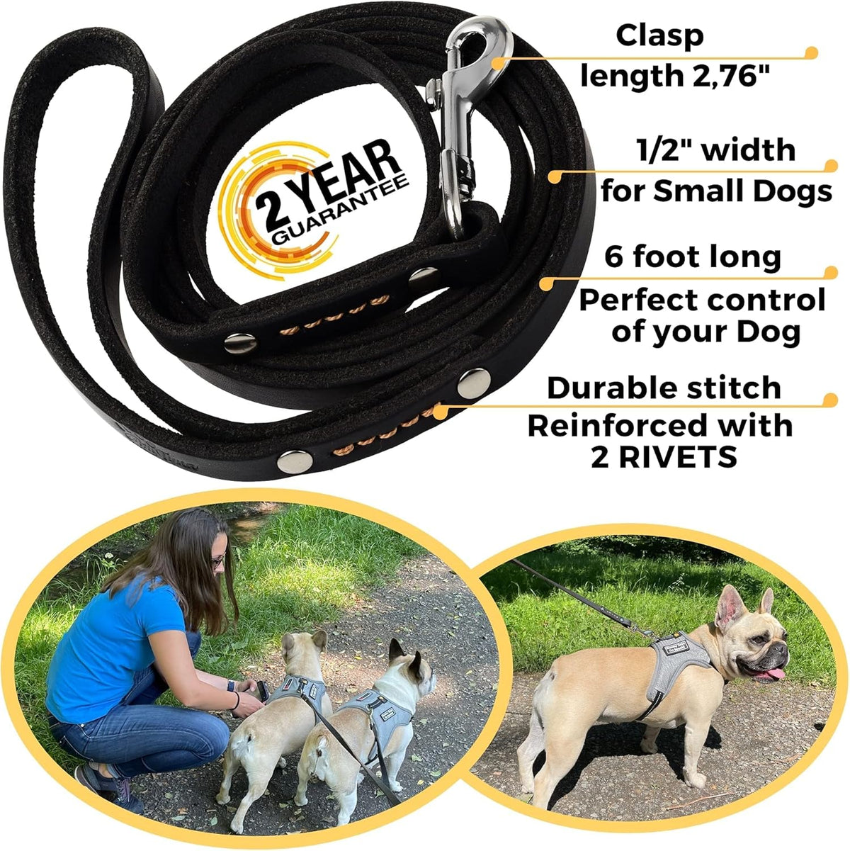 Leather Dog Leash for Small & Medium Dogs, 6ft x 1/2"