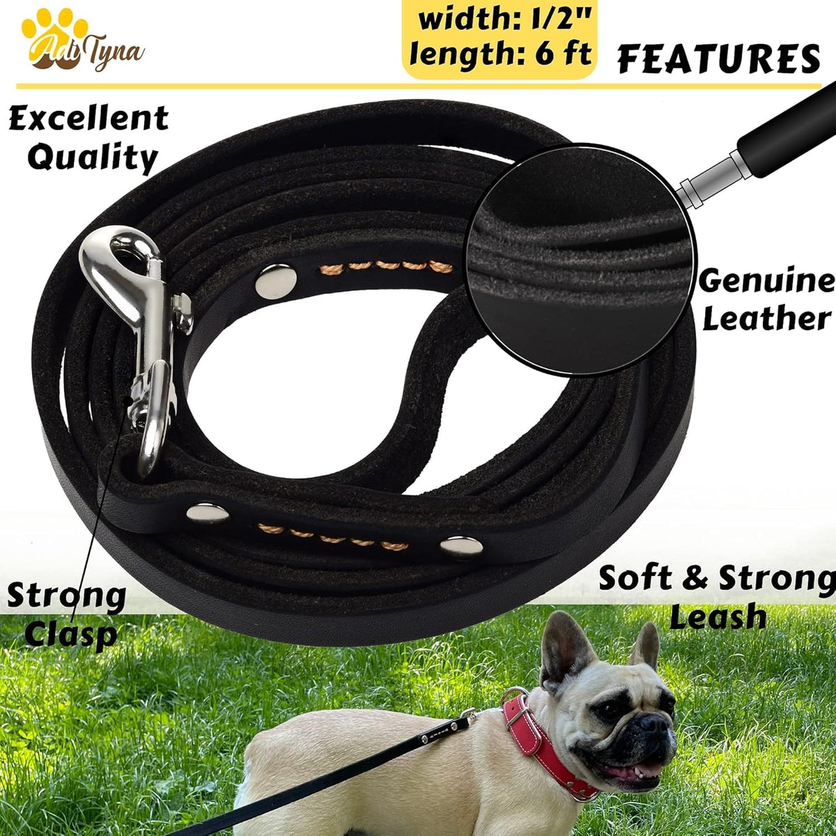 Leather Dog Leash for Small & Medium Dogs, 6ft x 1/2"