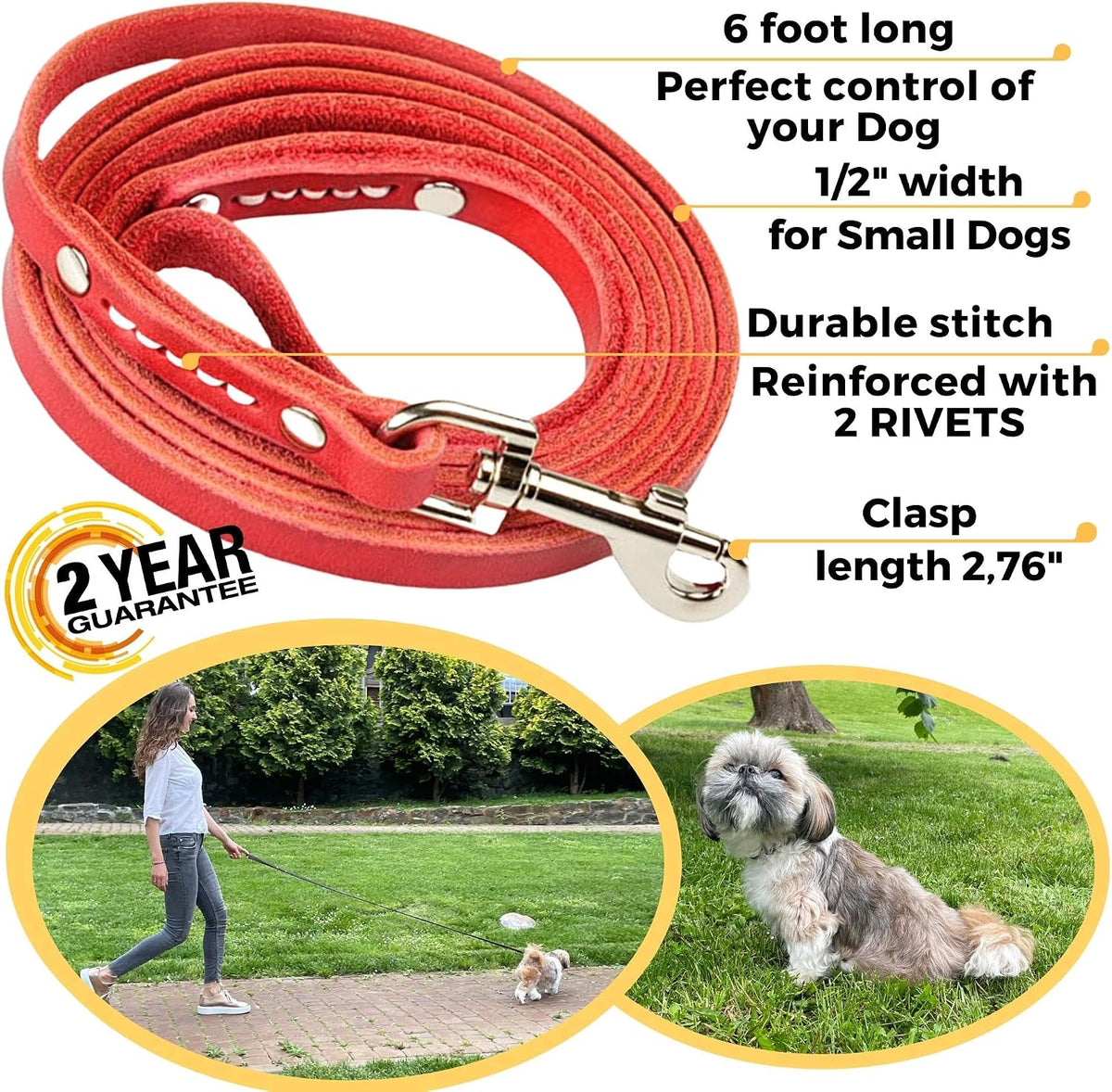 Leather Dog Leash for Small & Medium Dogs, 6ft x 1/2"