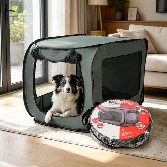Foldable 36" Dog Crate for Medium Dogs, Portable Waterproof Pop-Up Pet Kennel with Zipper, Collapsible Lightweight Indoor Outdoor Travel Cage with Tie-Down Straps & Ground Nails (Grren)