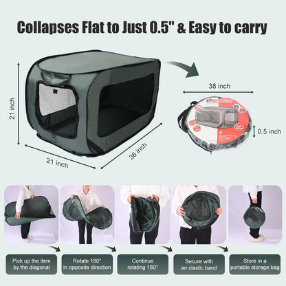 Foldable 36" Dog Crate for Medium Dogs, Portable Waterproof Pop-Up Pet Kennel with Zipper, Collapsible Lightweight Indoor Outdoor Travel Cage with Tie-Down Straps & Ground Nails (Grren)
