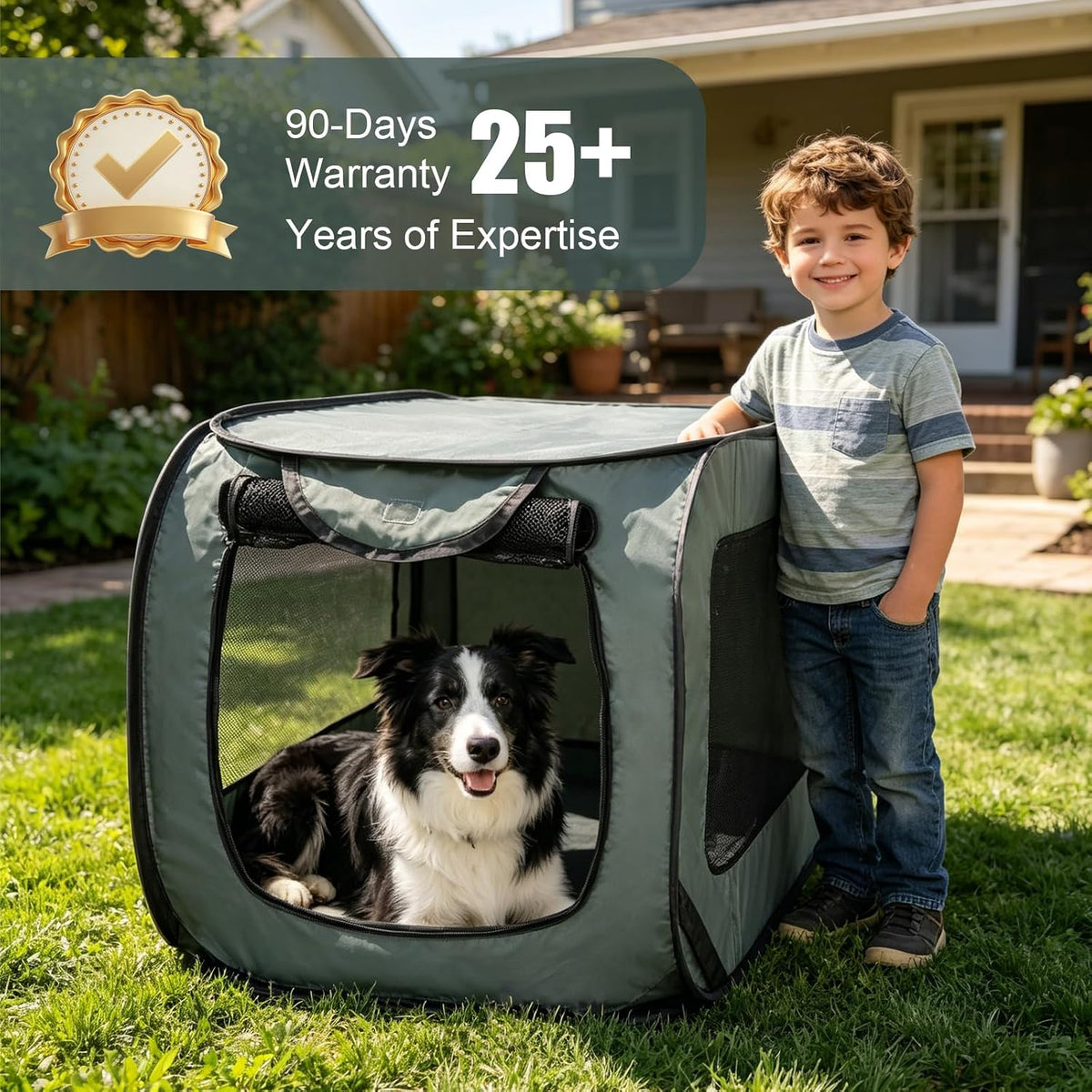 Foldable 36" Dog Crate for Medium Dogs, Portable Waterproof Pop-Up Pet Kennel with Zipper, Collapsible Lightweight Indoor Outdoor Travel Cage with Tie-Down Straps & Ground Nails (Grren)