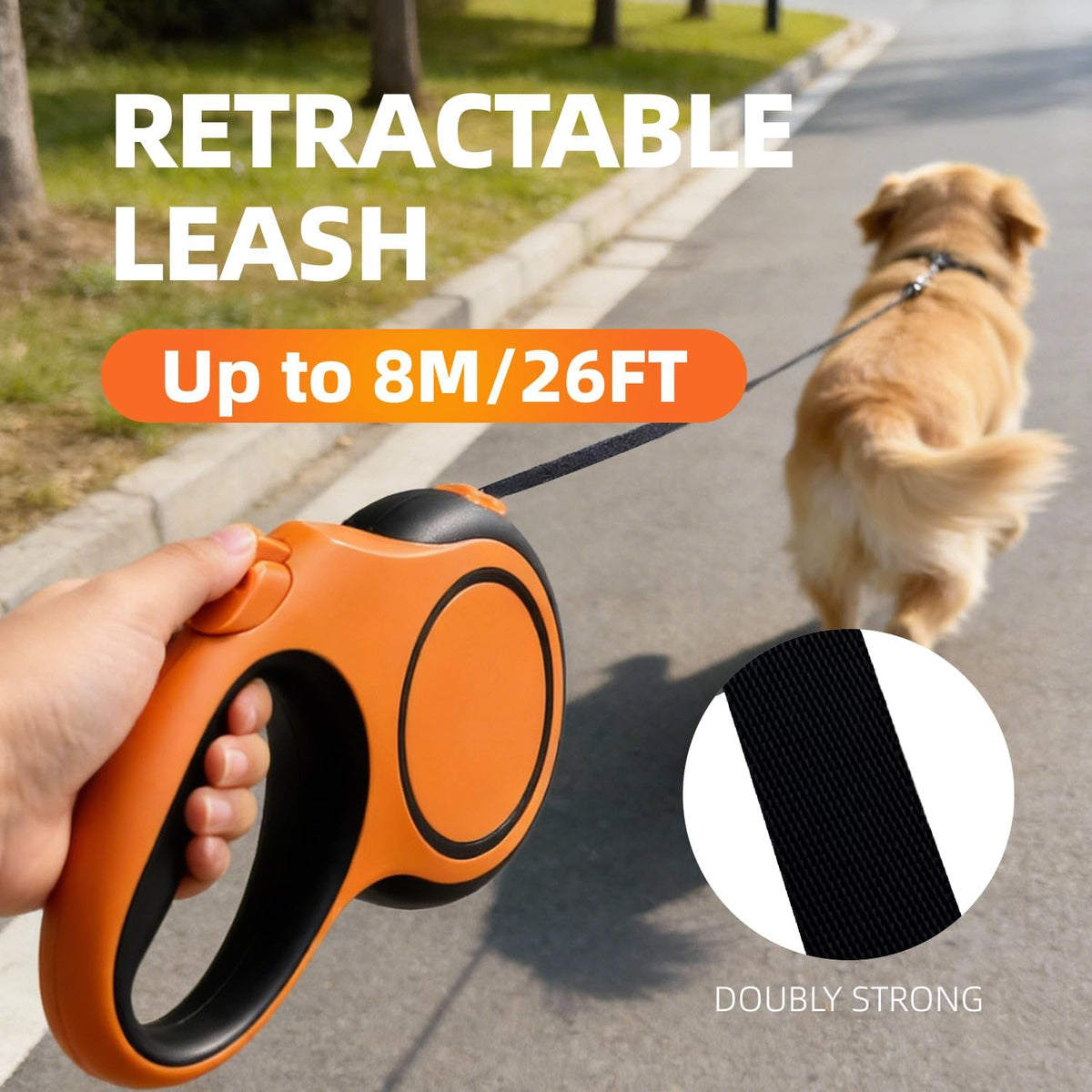 26Ft Retractable Dog Leash, Heavy Duty Great Leash for Dog up to 110 lbs, Anti-Slip Rubberized Handle, One-Handed Brake, Strong Nylon Tape, Tangle Free(Large，Orange&Black).