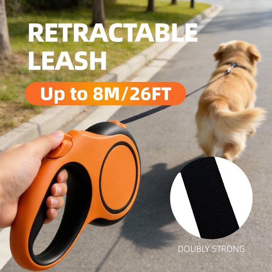 26Ft Retractable Dog Leash, Heavy Duty Great Leash for Dog up to 110 lbs, Anti-Slip Rubberized Handle, One-Handed Brake, Strong Nylon Tape, Tangle Free(Large，Orange&Black).