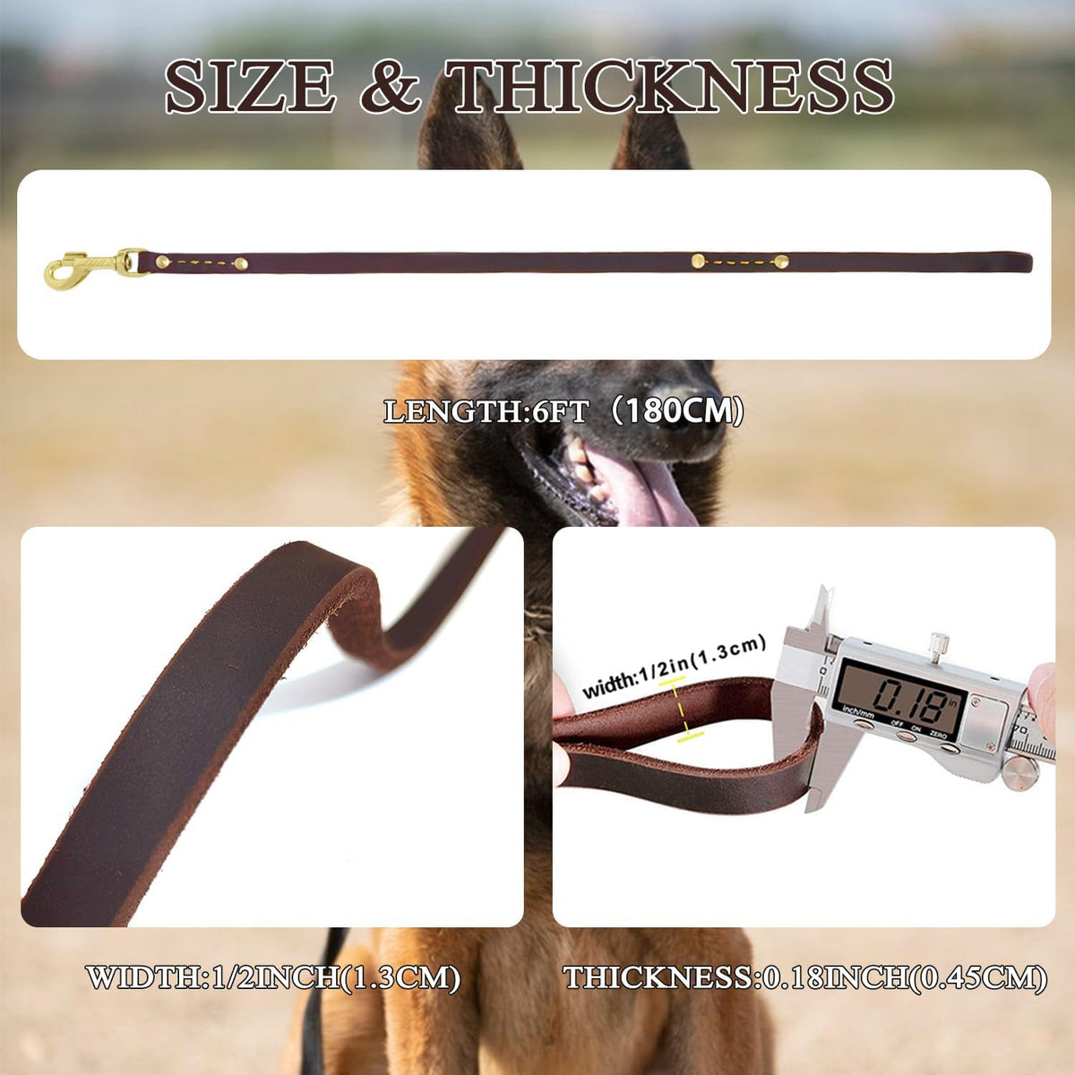 Leather Dog Leash 6 ft x 1/2 inch Heavy Duty Genuine Leather Dog Training Leash Soft and Strong Leather Leash for Small and Medium Dogs Brown