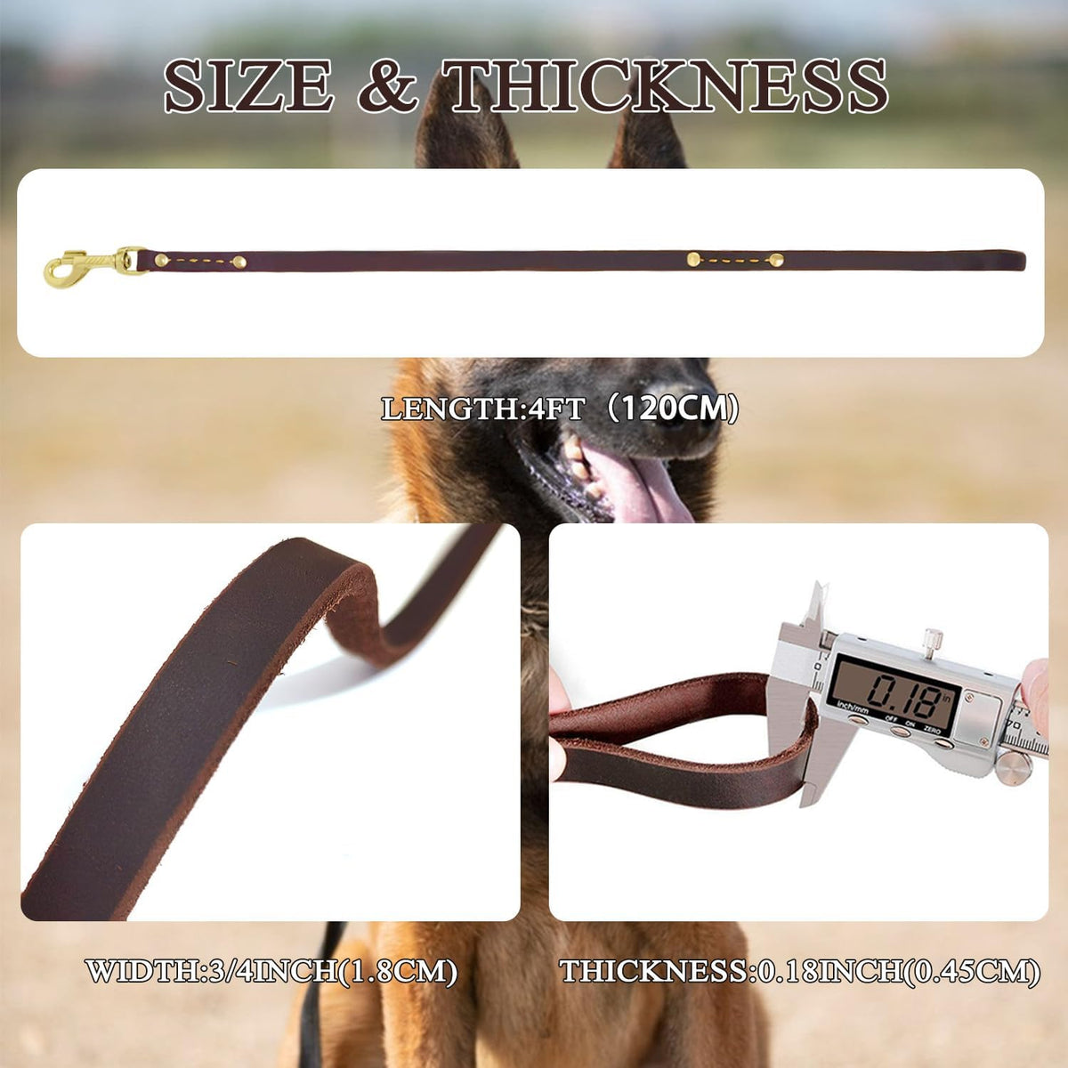 Leather Dog Leash 6 ft x 1/2 inch Heavy Duty Genuine Leather Dog Training Leash Soft and Strong Leather Leash for Small and Medium Dogs Brown