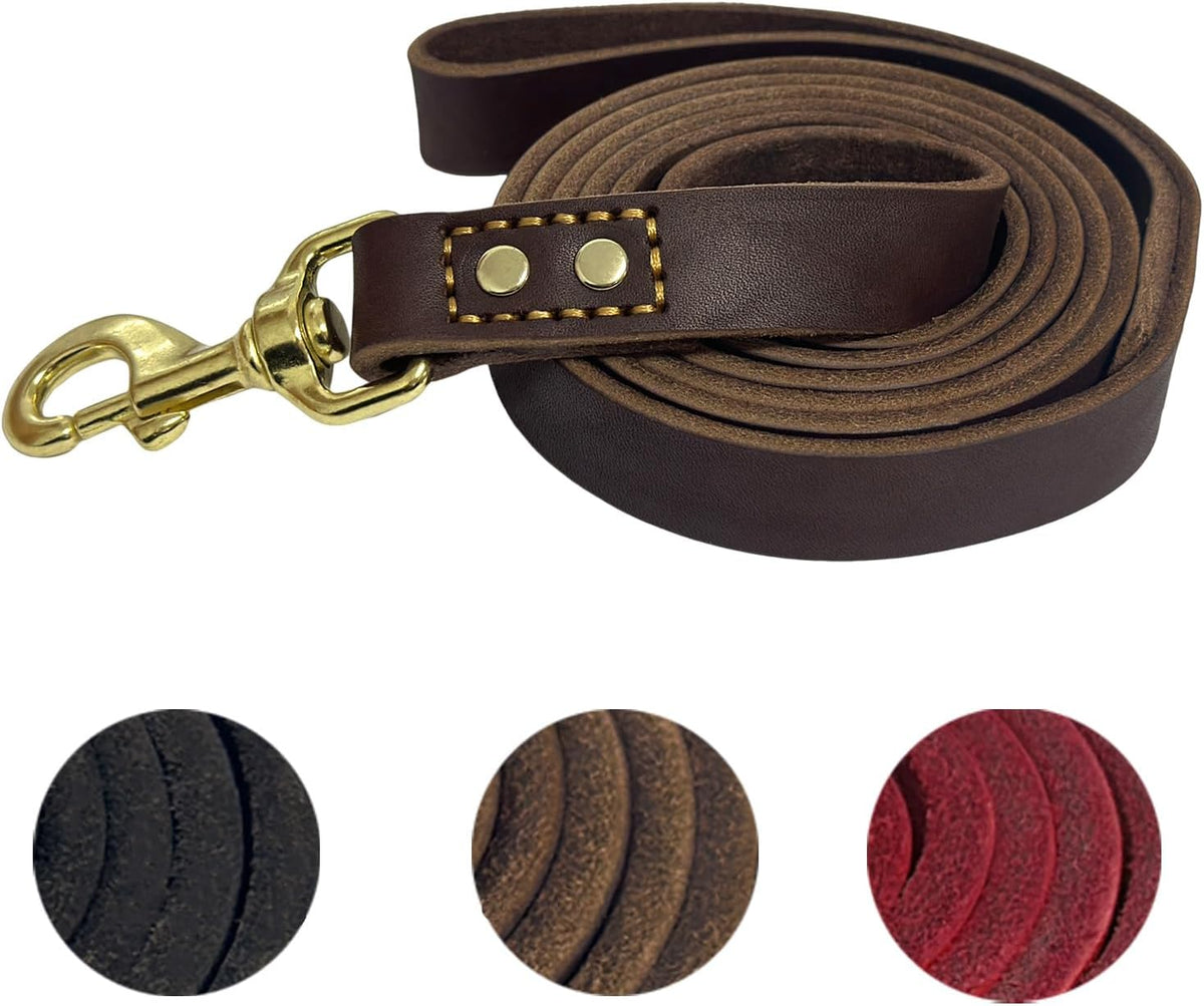 Leather Dog Leash 6 ft x 1/2 inch Heavy Duty Genuine Leather Dog Training Leash Soft and Strong Leather Leash for Small and Medium Dogs Brown