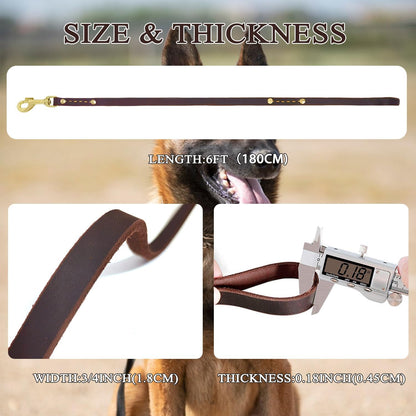 Leather Dog Leash 6 ft x 1/2 inch Heavy Duty Genuine Leather Dog Training Leash Soft and Strong Leather Leash for Small and Medium Dogs Brown
