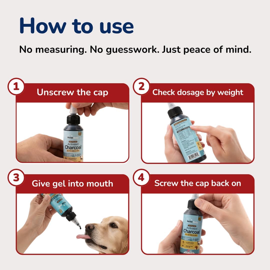 Pet Vet Activated Charcoal for Dogs & Cats Gel, Beef Flavor, Made in USA, 60ml Bottle