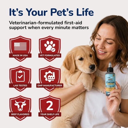 Pet Vet Activated Charcoal for Dogs & Cats Gel, Beef Flavor, Made in USA, 60ml Bottle