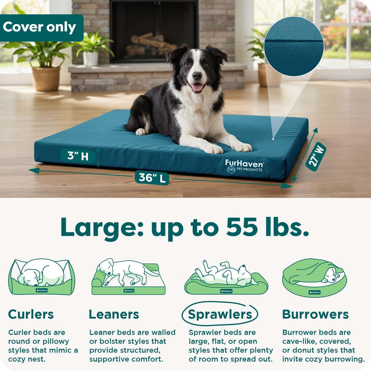 Replacement Dog Bed Cover Water-Resistant Indoor/Outdoor Logo Print Oxford Polycanvas Mattress, Washable - Deep Lagoon, Medium