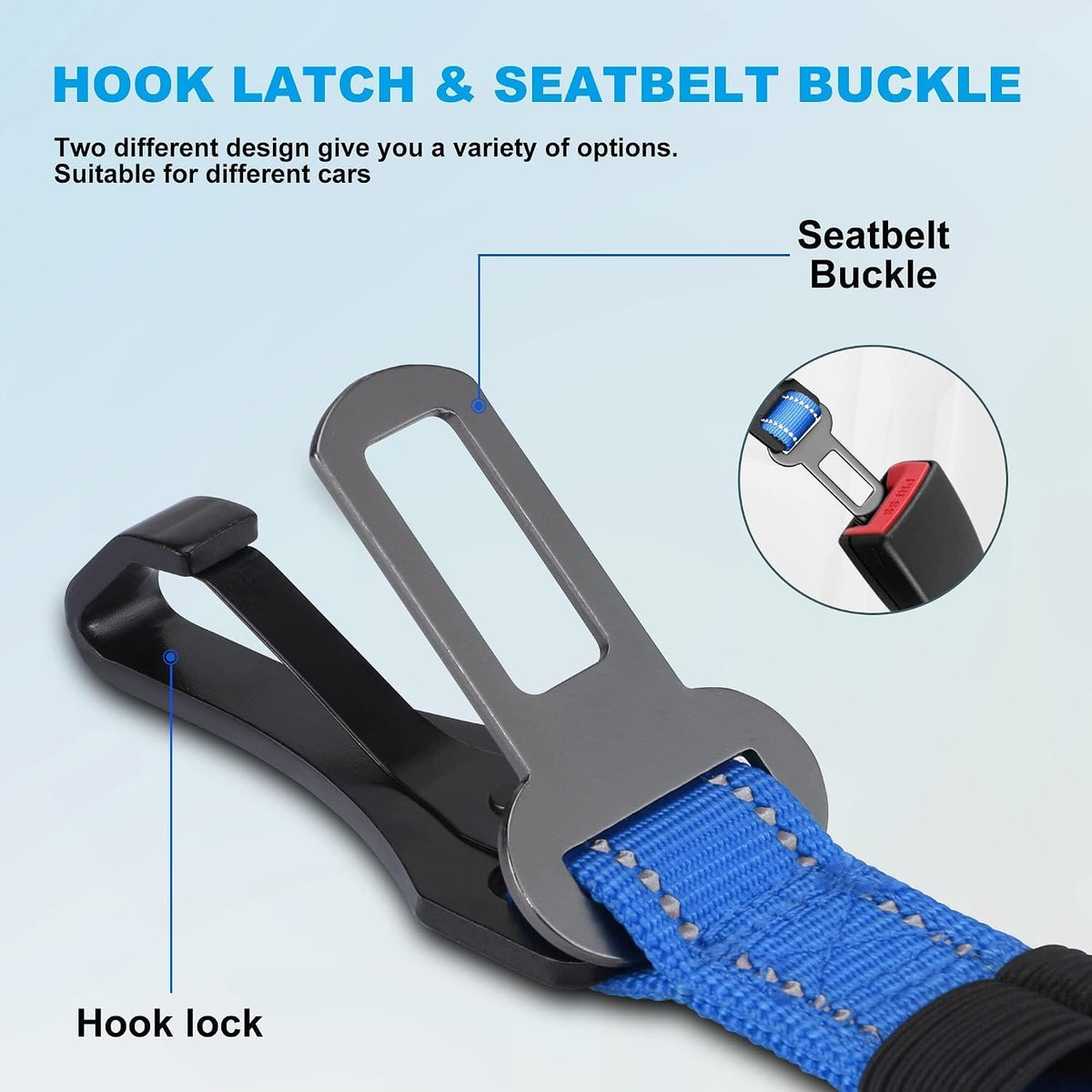 Dog Seat Belt 3-in-1 Car Harness for Dogs Adjustable Safety Seatbelt for Car Nylon Reflective Bungee Fabric Dog Car Harness with Clip Hook Latch & Buckle, Swivel Zinc Alloy Carabiner (Black)