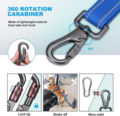 Dog Seat Belt 3-in-1 Car Harness for Dogs Adjustable Safety Seatbelt for Car Nylon Reflective Bungee Fabric Dog Car Harness with Clip Hook Latch & Buckle, Swivel Zinc Alloy Carabiner (Black)