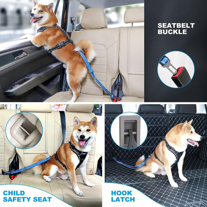 Dog Seat Belt 3-in-1 Car Harness for Dogs Adjustable Safety Seatbelt for Car Nylon Reflective Bungee Fabric Dog Car Harness with Clip Hook Latch & Buckle, Swivel Zinc Alloy Carabiner (Black)