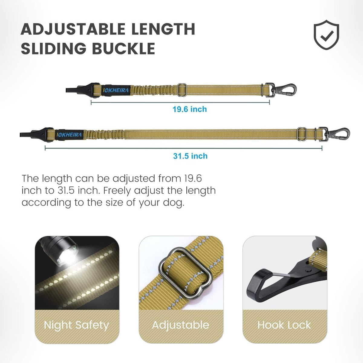 Dog Seat Belt 3-in-1 Car Harness for Dogs Adjustable Safety Seatbelt for Car Nylon Reflective Bungee Fabric Dog Car Harness with Clip Hook Latch & Buckle, Swivel Zinc Alloy Carabiner (Black)