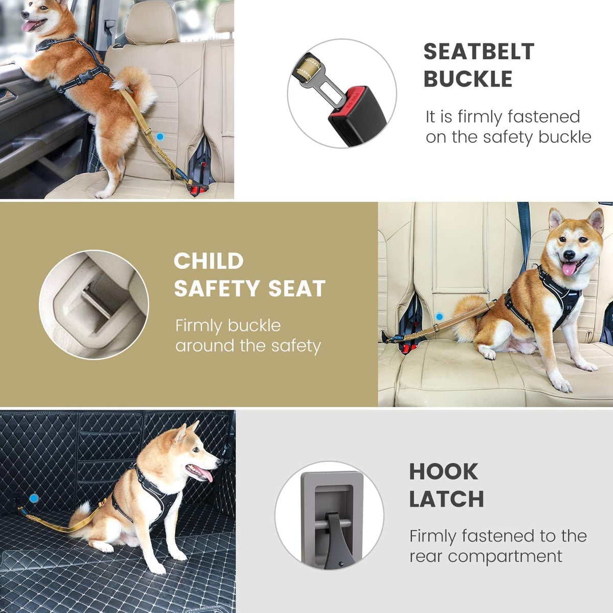 Dog Seat Belt 3-in-1 Car Harness for Dogs Adjustable Safety Seatbelt for Car Nylon Reflective Bungee Fabric Dog Car Harness with Clip Hook Latch & Buckle, Swivel Zinc Alloy Carabiner (Black)