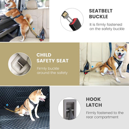 Dog Seat Belt 3-in-1 Car Harness for Dogs Adjustable Safety Seatbelt for Car Nylon Reflective Bungee Fabric Dog Car Harness with Clip Hook Latch & Buckle, Swivel Zinc Alloy Carabiner (Black)