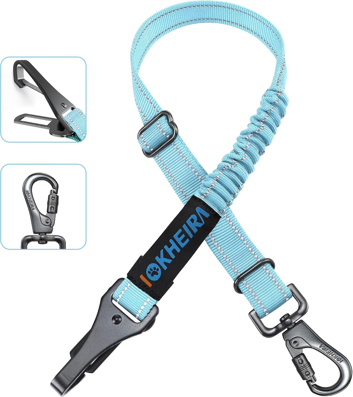 Dog Seat Belt 3-in-1 Car Harness for Dogs Adjustable Safety Seatbelt for Car Nylon Reflective Bungee Fabric Dog Car Harness with Clip Hook Latch & Buckle, Swivel Zinc Alloy Carabiner (Black)