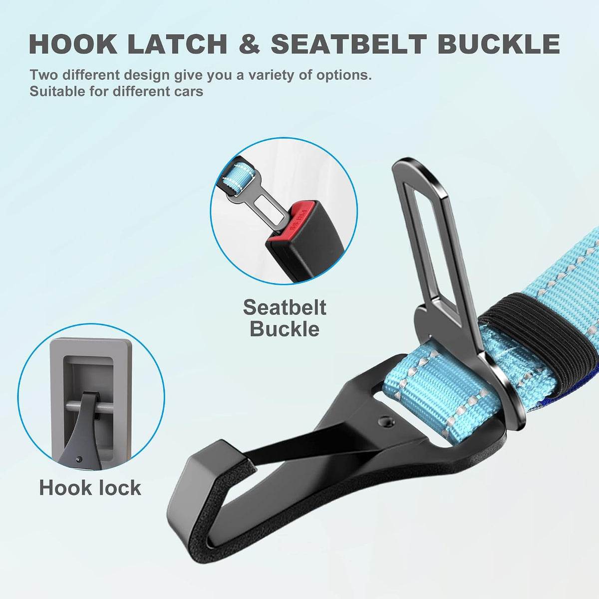 Dog Seat Belt 3-in-1 Car Harness for Dogs Adjustable Safety Seatbelt for Car Nylon Reflective Bungee Fabric Dog Car Harness with Clip Hook Latch & Buckle, Swivel Zinc Alloy Carabiner (Black)