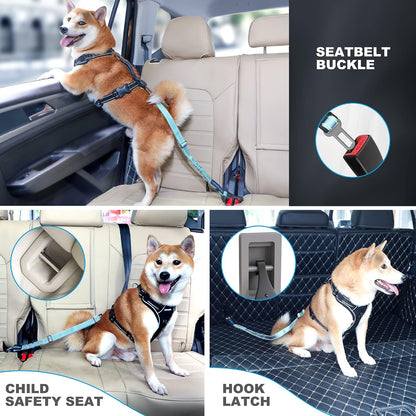 Dog Seat Belt 3-in-1 Car Harness for Dogs Adjustable Safety Seatbelt for Car Nylon Reflective Bungee Fabric Dog Car Harness with Clip Hook Latch & Buckle, Swivel Zinc Alloy Carabiner (Black)