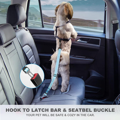 Dog Seat Belt 3-in-1 Car Harness for Dogs Adjustable Safety Seatbelt for Car Nylon Reflective Bungee Fabric Dog Car Harness with Clip Hook Latch & Buckle, Swivel Zinc Alloy Carabiner (Black)