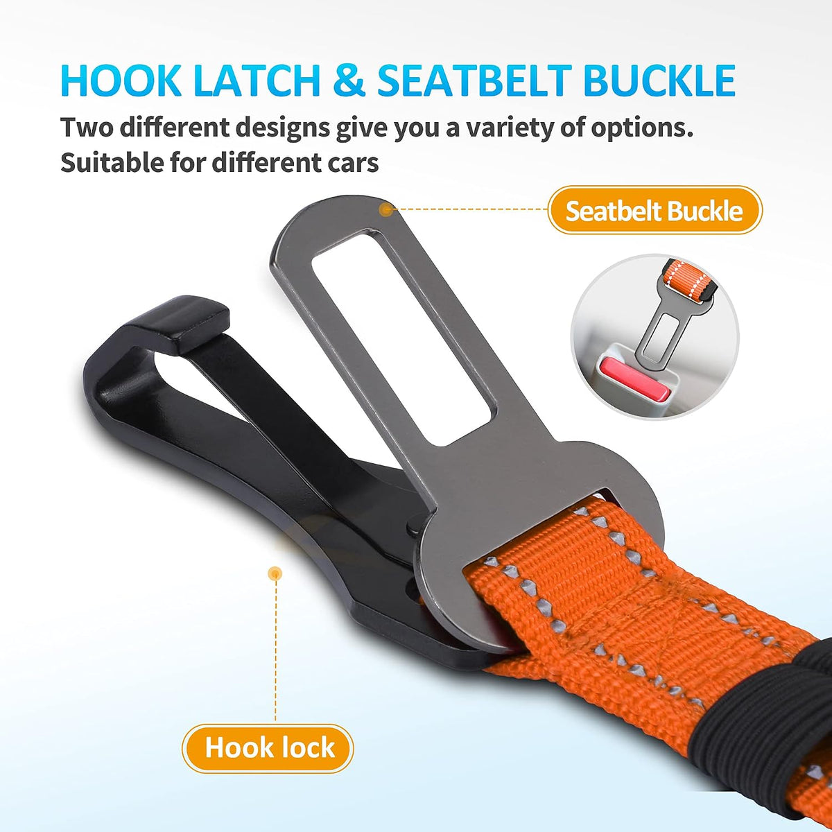 Dog Seat Belt 3-in-1 Car Harness for Dogs Adjustable Safety Seatbelt for Car Nylon Reflective Bungee Fabric Dog Car Harness with Clip Hook Latch & Buckle, Swivel Zinc Alloy Carabiner (Black)