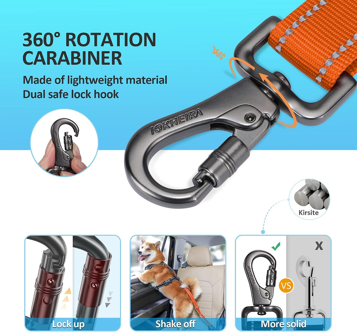 Dog Seat Belt 3-in-1 Car Harness for Dogs Adjustable Safety Seatbelt for Car Nylon Reflective Bungee Fabric Dog Car Harness with Clip Hook Latch & Buckle, Swivel Zinc Alloy Carabiner (Black)