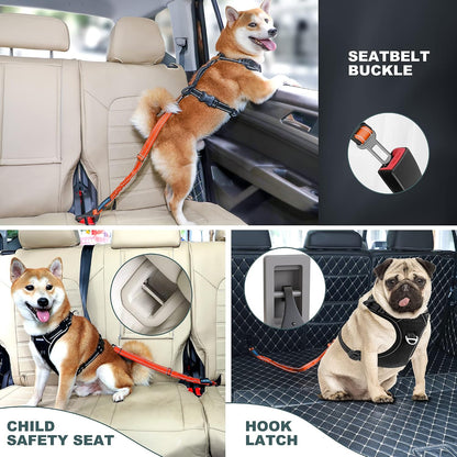 Dog Seat Belt 3-in-1 Car Harness for Dogs Adjustable Safety Seatbelt for Car Nylon Reflective Bungee Fabric Dog Car Harness with Clip Hook Latch & Buckle, Swivel Zinc Alloy Carabiner (Black)