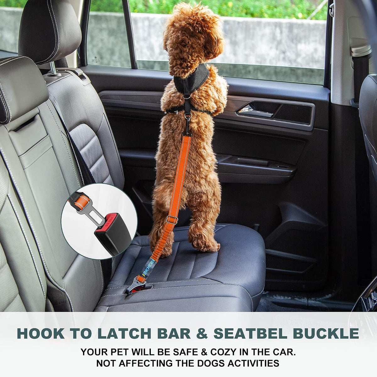 Dog Seat Belt 3-in-1 Car Harness for Dogs Adjustable Safety Seatbelt for Car Nylon Reflective Bungee Fabric Dog Car Harness with Clip Hook Latch & Buckle, Swivel Zinc Alloy Carabiner (Black)