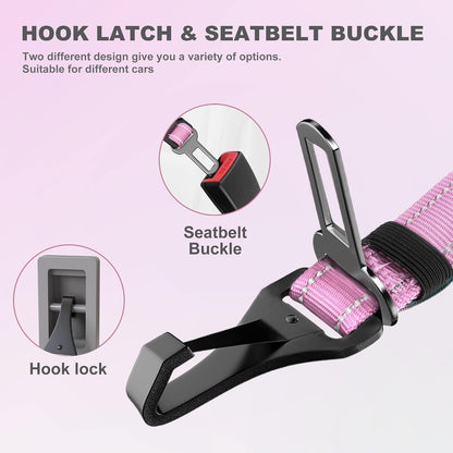 Dog Seat Belt 3-in-1 Car Harness for Dogs Adjustable Safety Seatbelt for Car Nylon Reflective Bungee Fabric Dog Car Harness with Clip Hook Latch & Buckle, Swivel Zinc Alloy Carabiner (Black)