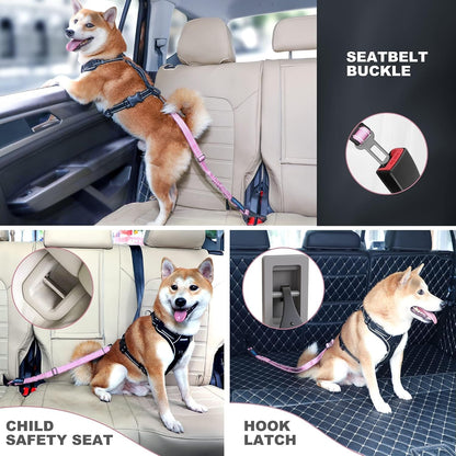 Dog Seat Belt 3-in-1 Car Harness for Dogs Adjustable Safety Seatbelt for Car Nylon Reflective Bungee Fabric Dog Car Harness with Clip Hook Latch & Buckle, Swivel Zinc Alloy Carabiner (Black)
