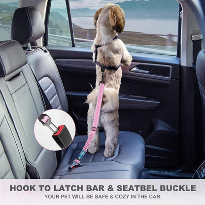 Dog Seat Belt 3-in-1 Car Harness for Dogs Adjustable Safety Seatbelt for Car Nylon Reflective Bungee Fabric Dog Car Harness with Clip Hook Latch & Buckle, Swivel Zinc Alloy Carabiner (Black)