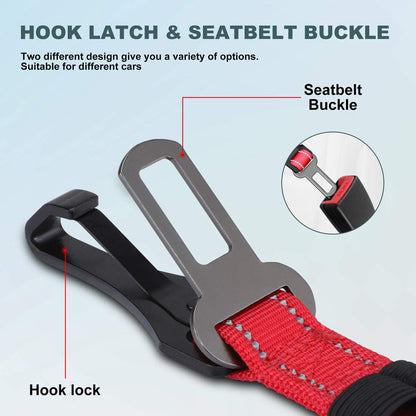 Dog Seat Belt 3-in-1 Car Harness for Dogs Adjustable Safety Seatbelt for Car Nylon Reflective Bungee Fabric Dog Car Harness with Clip Hook Latch & Buckle, Swivel Zinc Alloy Carabiner (Black)