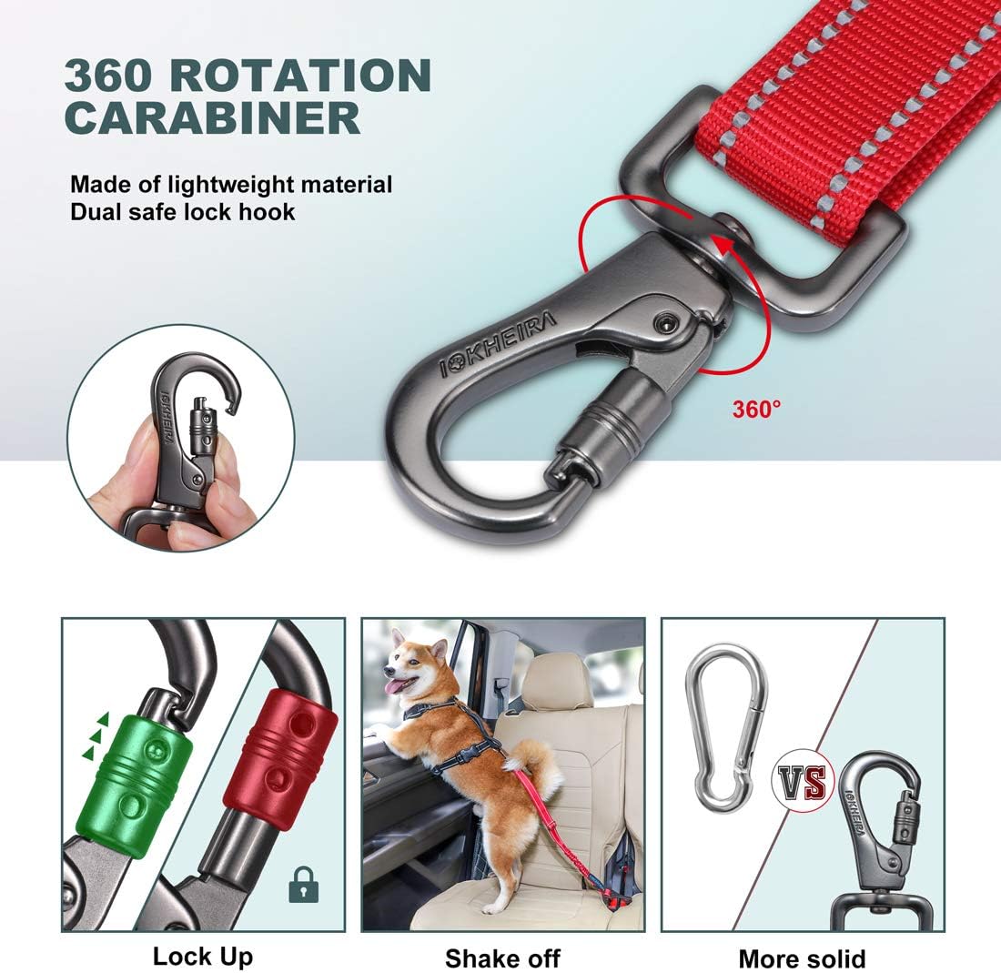 Dog Seat Belt 3-in-1 Car Harness for Dogs Adjustable Safety Seatbelt for Car Nylon Reflective Bungee Fabric Dog Car Harness with Clip Hook Latch & Buckle, Swivel Zinc Alloy Carabiner (Black)