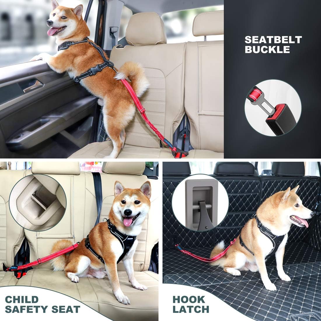 Dog Seat Belt 3-in-1 Car Harness for Dogs Adjustable Safety Seatbelt for Car Nylon Reflective Bungee Fabric Dog Car Harness with Clip Hook Latch & Buckle, Swivel Zinc Alloy Carabiner (Black)