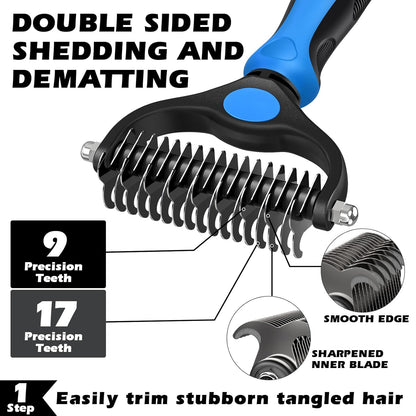 Professional 3PCS Self Cleaning Slicker Brush & Pet Grooming Rake & Flea Comb for Dogs,Cats and Horses | Double-Sided Dematting Comb & Skin Friendly Deshedding Grooming Tool | Pet Supplies (Blue)