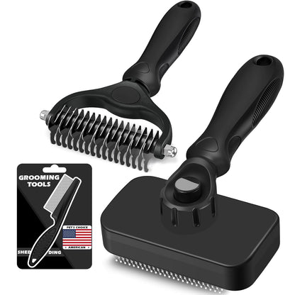 Professional 3PCS Self Cleaning Slicker Brush & Pet Grooming Rake & Flea Comb for Dogs,Cats and Horses | Double-Sided Dematting Comb & Skin Friendly Deshedding Grooming Tool | Pet Supplies (Blue)