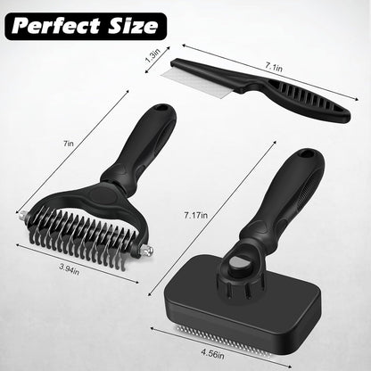 Professional 3PCS Self Cleaning Slicker Brush & Pet Grooming Rake & Flea Comb for Dogs,Cats and Horses | Double-Sided Dematting Comb & Skin Friendly Deshedding Grooming Tool | Pet Supplies (Blue)