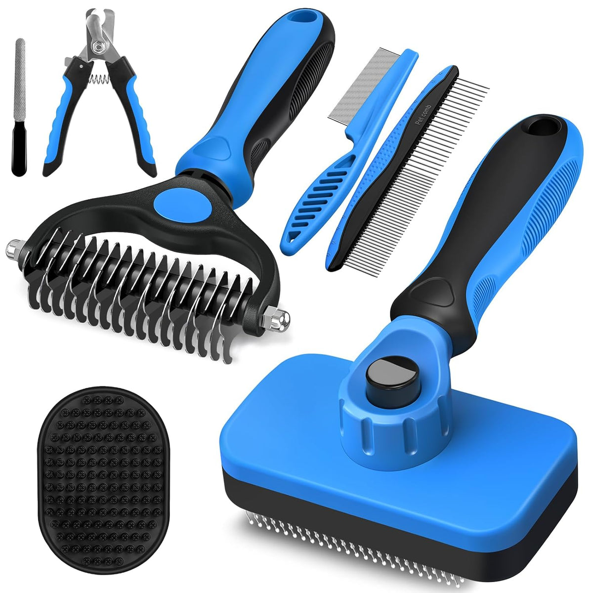 Professional 3PCS Self Cleaning Slicker Brush & Pet Grooming Rake & Flea Comb for Dogs,Cats and Horses | Double-Sided Dematting Comb & Skin Friendly Deshedding Grooming Tool | Pet Supplies (Blue)